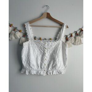 Gap x Doen White Eyelet Lace Trim Cropped Cami Sheer Top Coquette Dainty Size XL